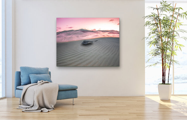 Split-level underwater photograph showing a southern stingray gliding over rippled white sand beneath a pastel pink and purple water surface at dusk.