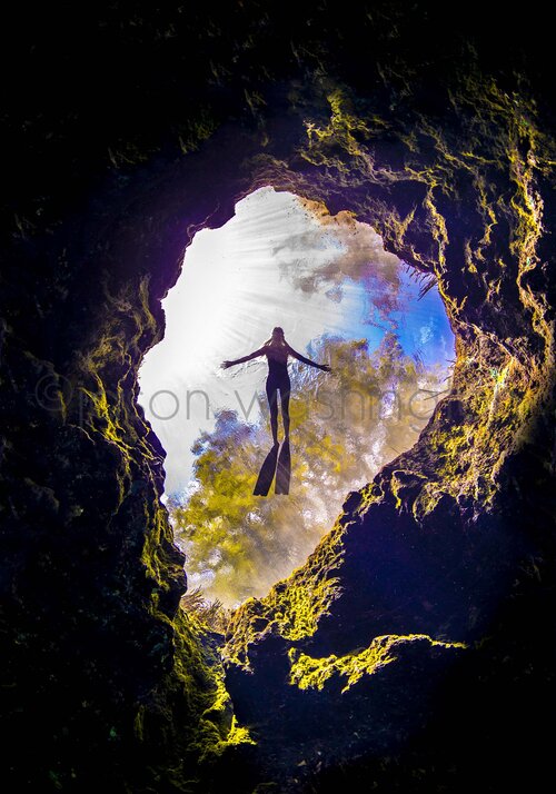 Underwater view looking up through a moss-rimmed spring cavern opening as a freediver floats silhouetted against sunlit water and spring foliage above.
