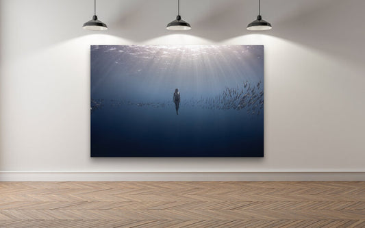 Underwater scene of a lone freediver suspended in still blue water, bathed in vertical beams of sunlight, with schools of fish arcing on either side against a deep blue backdrop.
